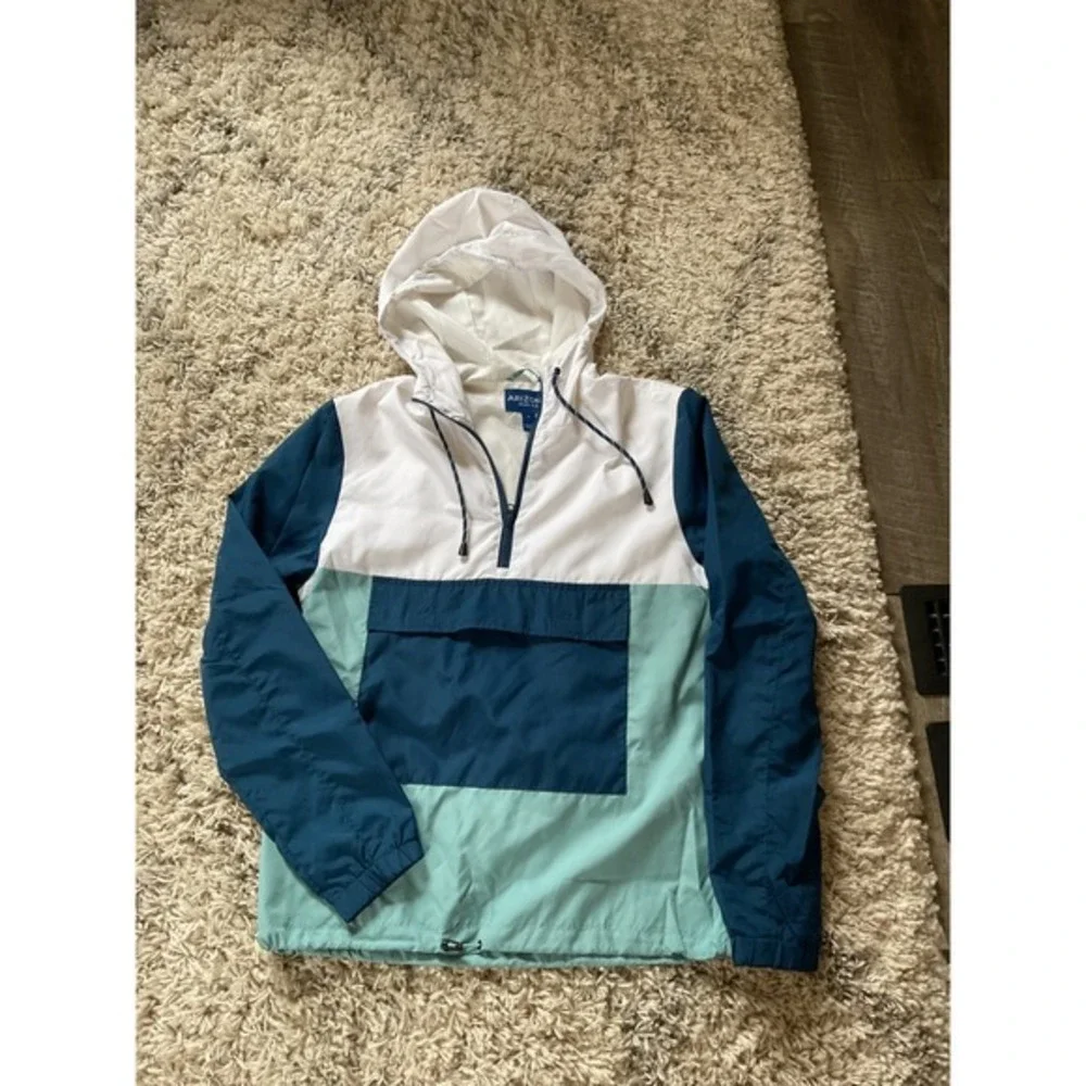 Arizona Jean Co Mens Colorblock Quarter Zip Windbreaker Jacket Teal Navy White M